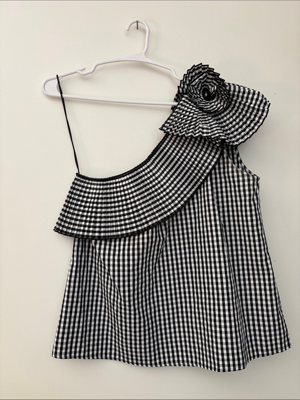 Delfi Collective One Shoulder Top Black White Gingham Check Floral Detail Size M